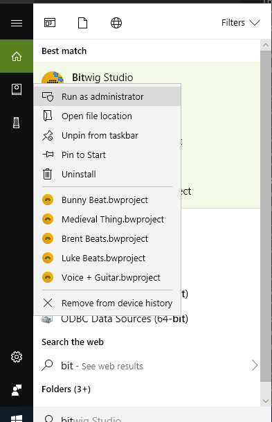 Run Bitwig as admin
